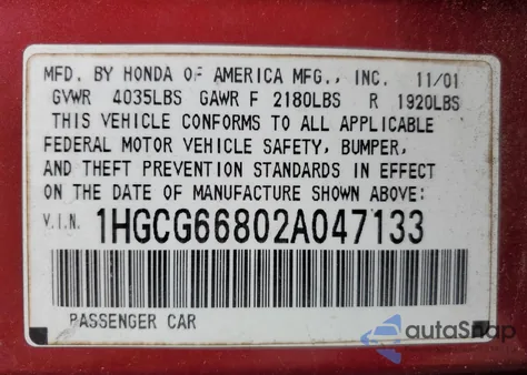 2002 Honda Accord Ex from USA, damaged, VIN 1HGCG66802A047133
